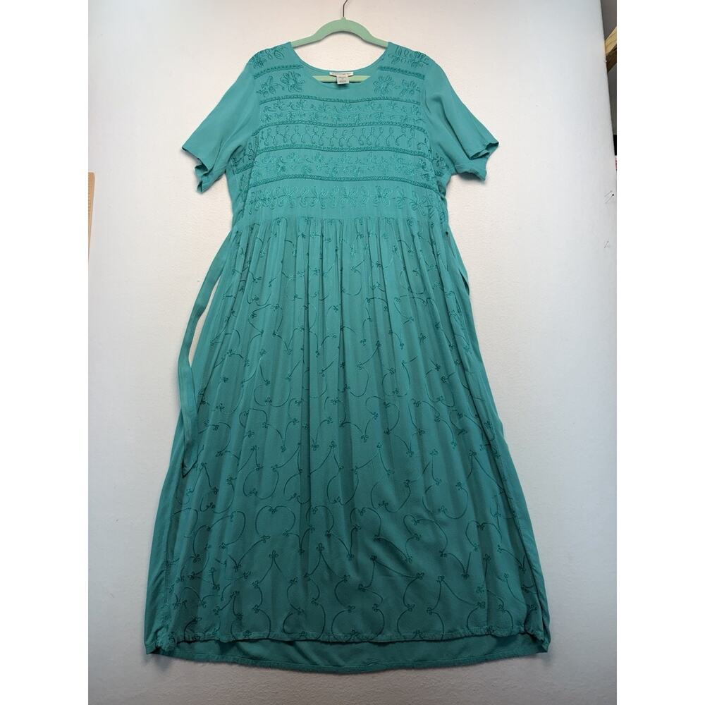Vintage 90s Retro size Large Teal embroidered short sleeve Tie Waist Feminine